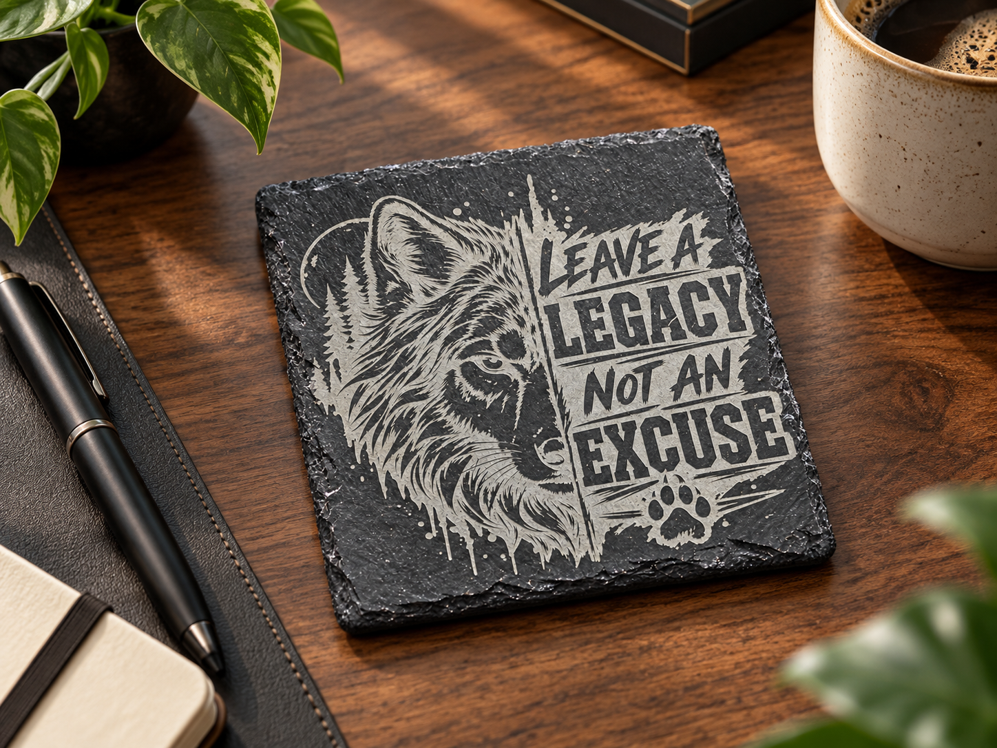 Engraved slate coaster styled on an executive desk