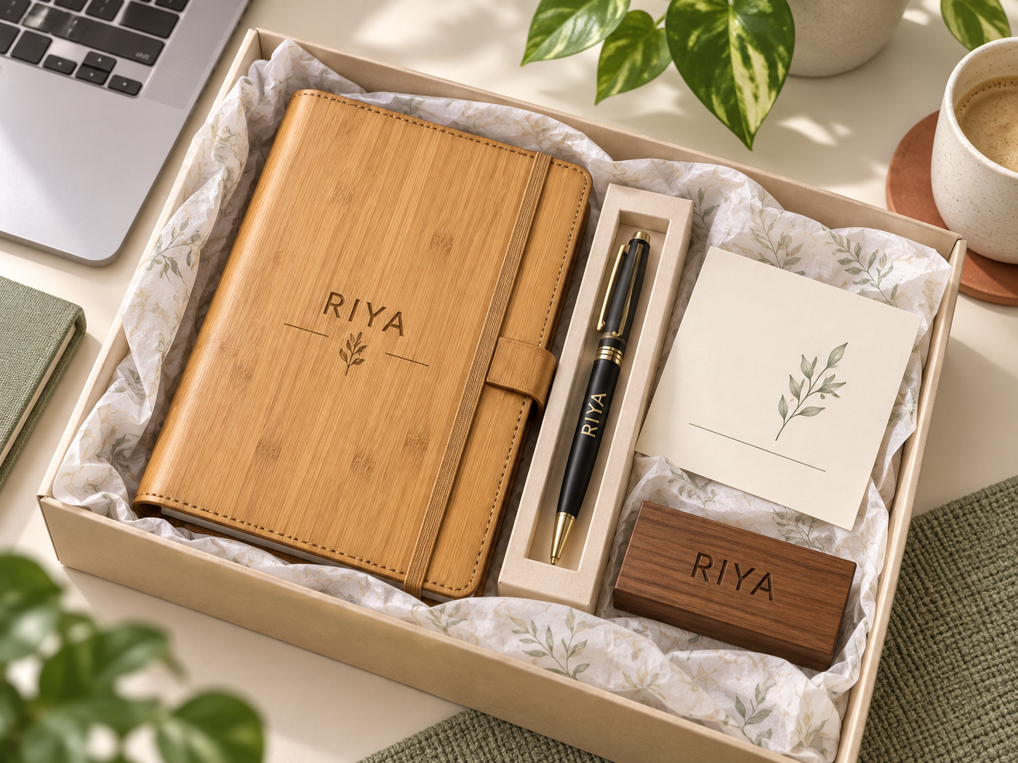 Personalised employee welcome kit with bamboo notebook, engraved pen and desk name block
