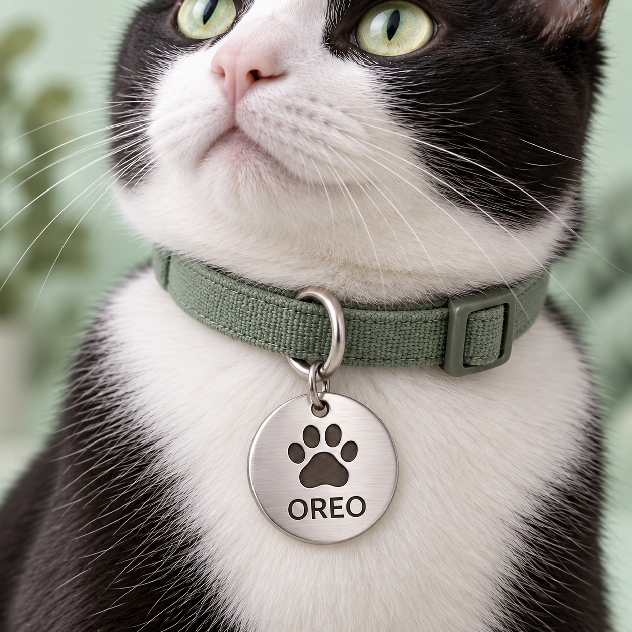 Oreo wearing a personalised round pet tag