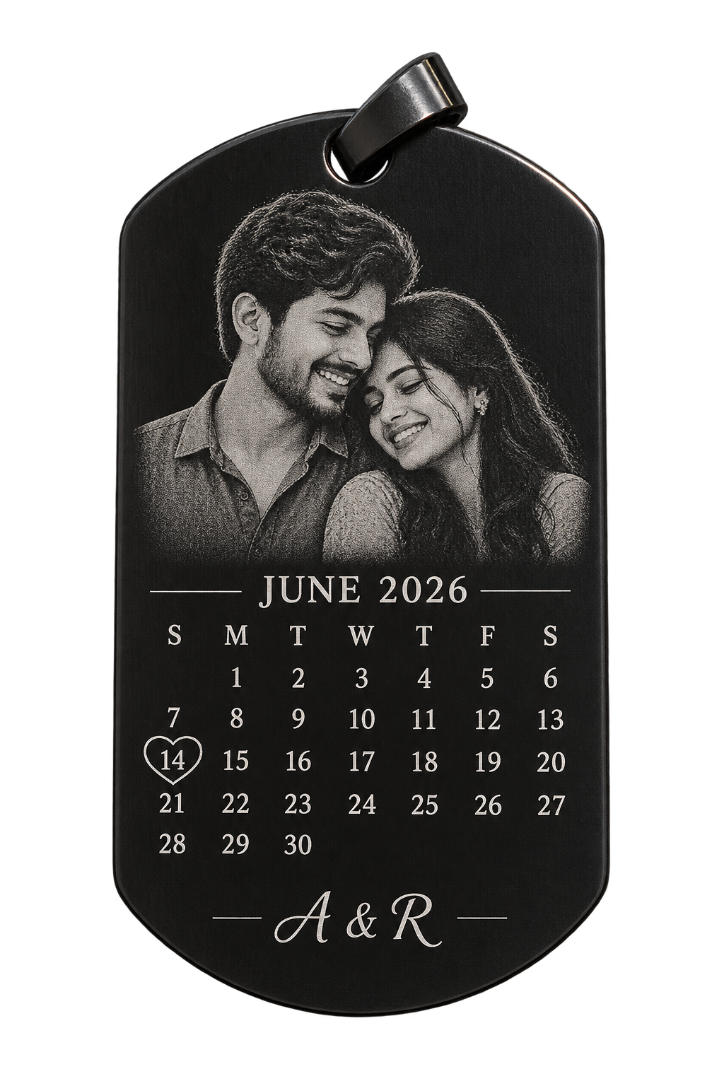 Black anniversary tag with monochrome engraved couple portrait, June 2026 calendar and the 14th highlighted
