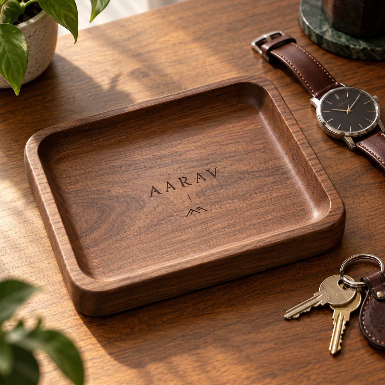 Personalised walnut valet tray for a corporate desk