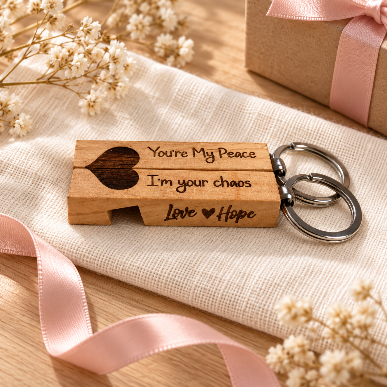Engraved wooden couple keychains