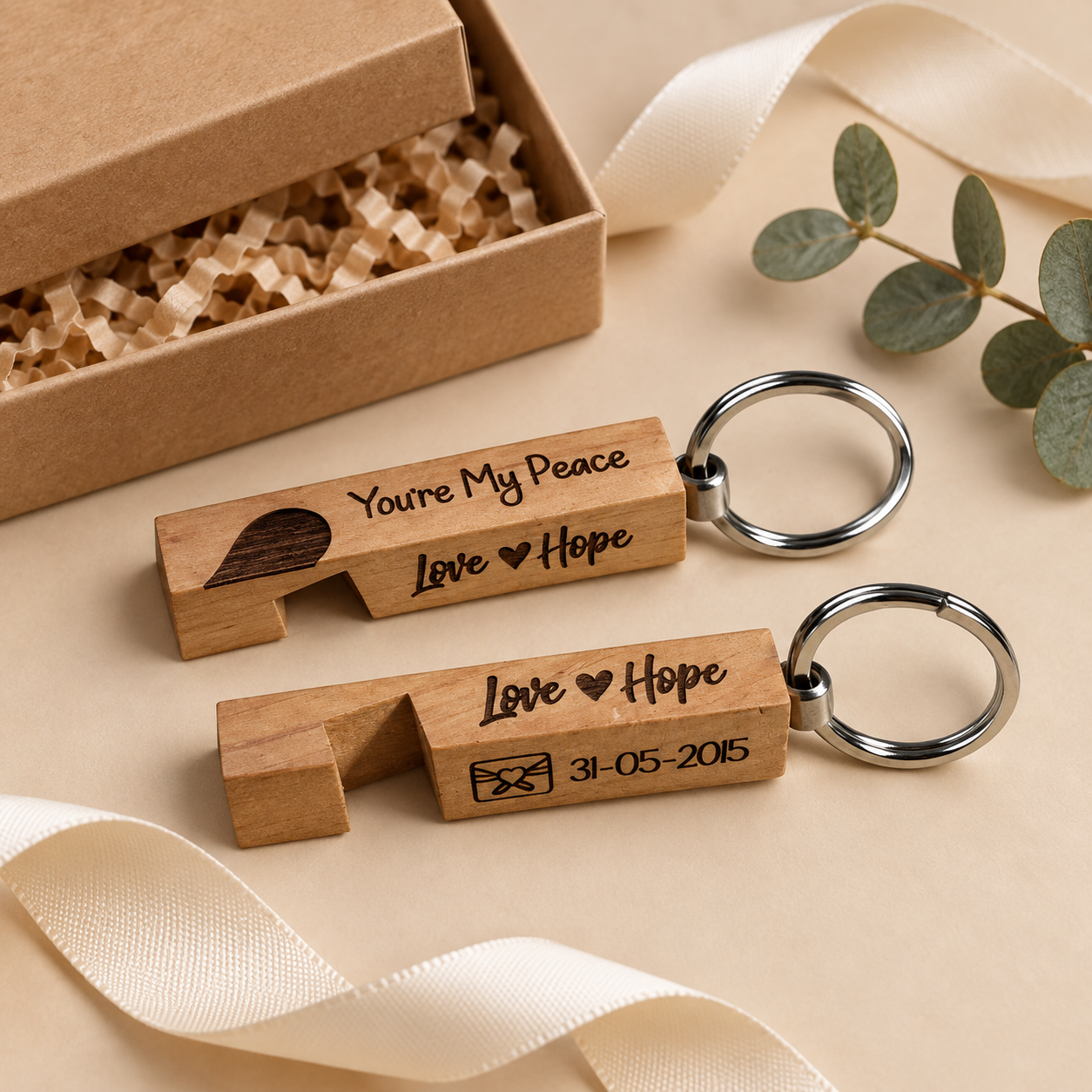 Personalised wooden anniversary keychain pair