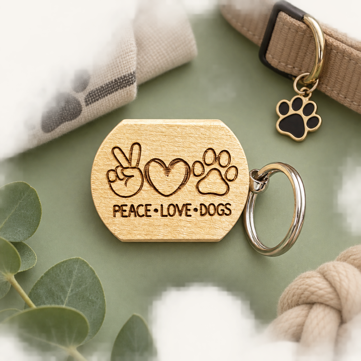 Peace Love Dogs wooden keychain