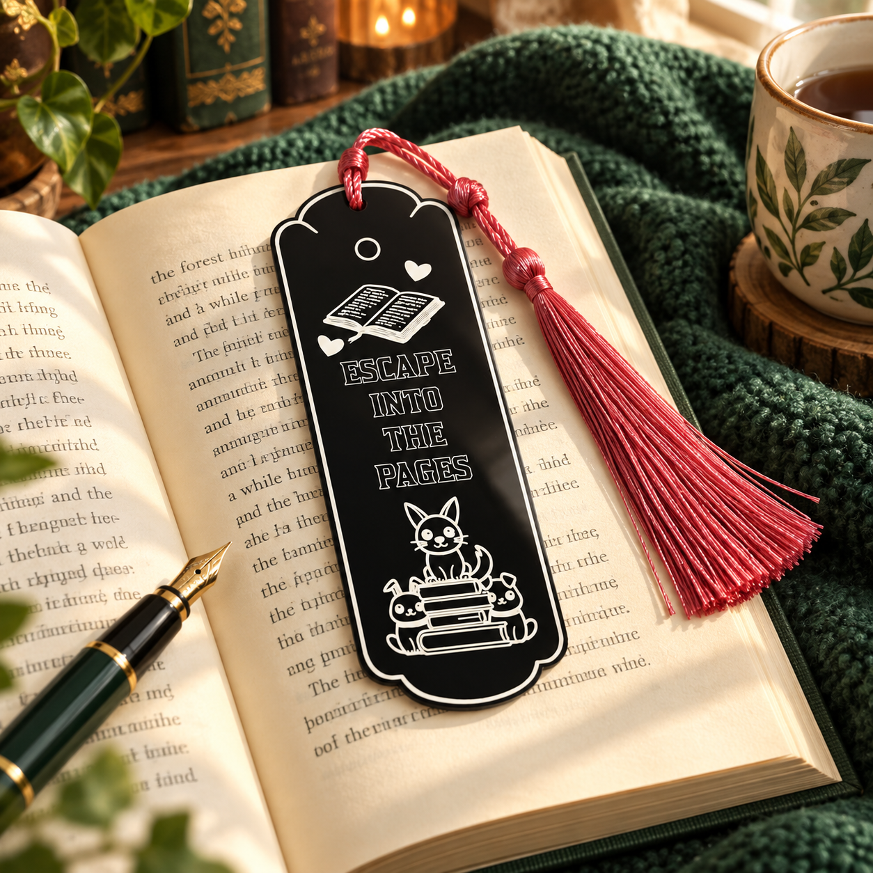Engraved acrylic bookmark styled with an open book