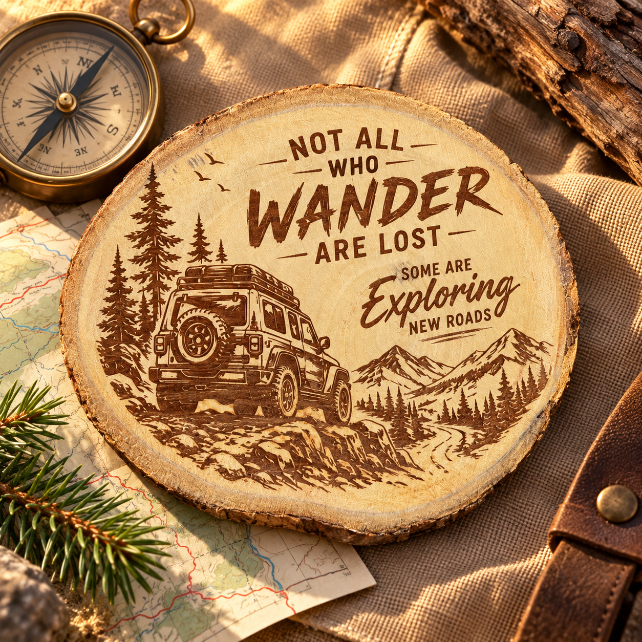 Live-edge wooden travel plaque with adventure engraving